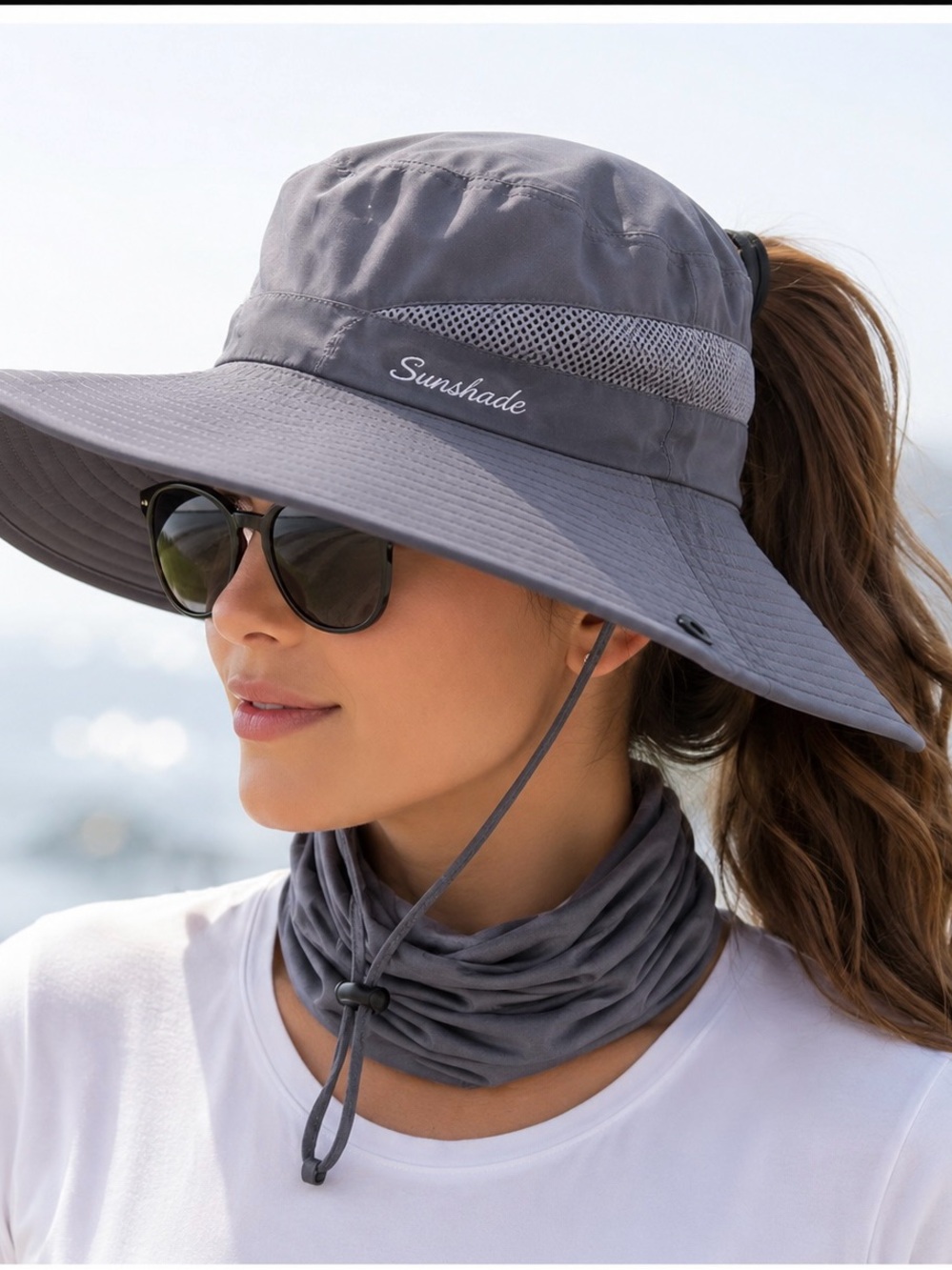 Sunshade Women’s Ponytail Wide Brim Sun Hat UPF Hiking Fishing Beach Gray